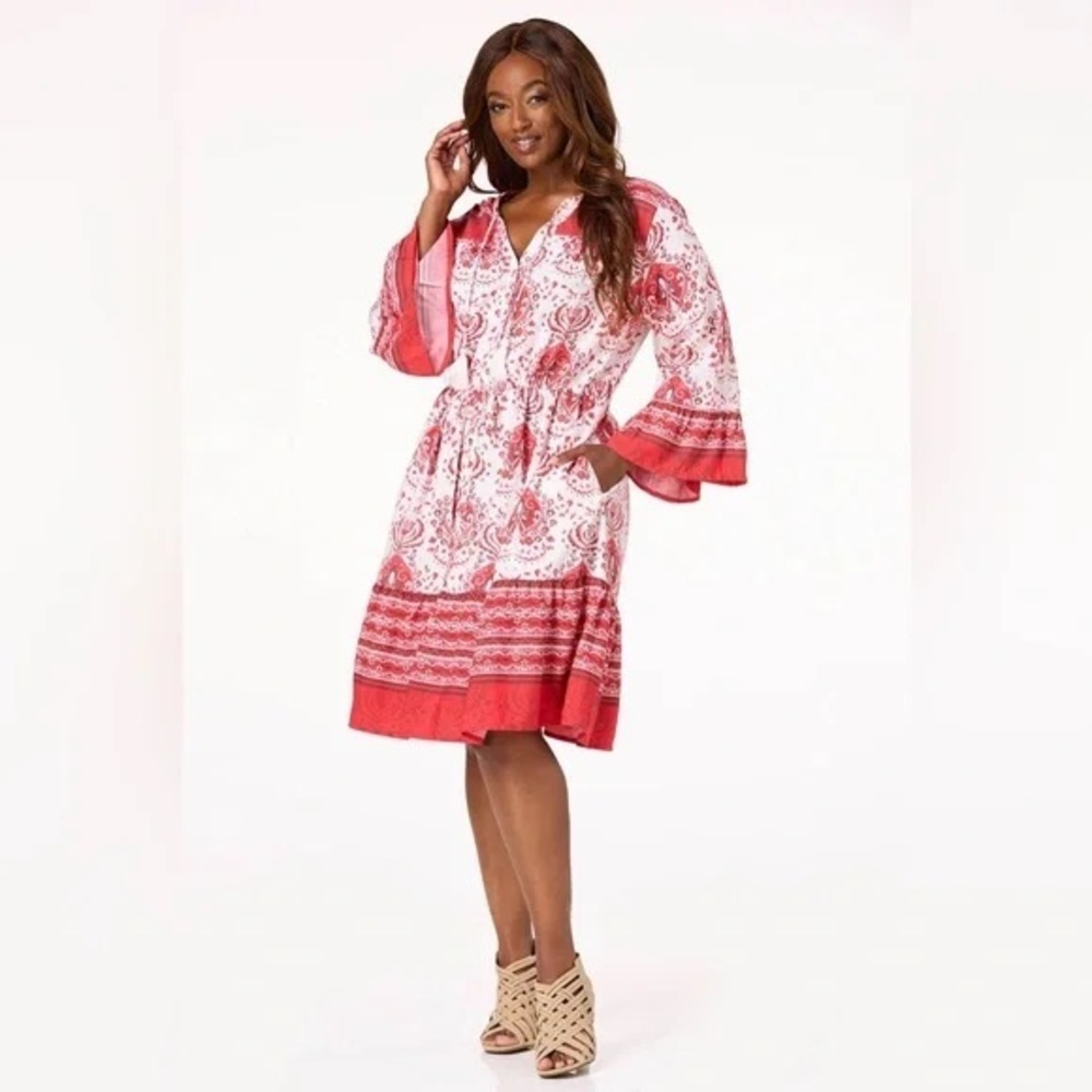 PLUS SIZE BELL SLEEVE SHIRT DRESS RACING RED - Picture 2 of 5